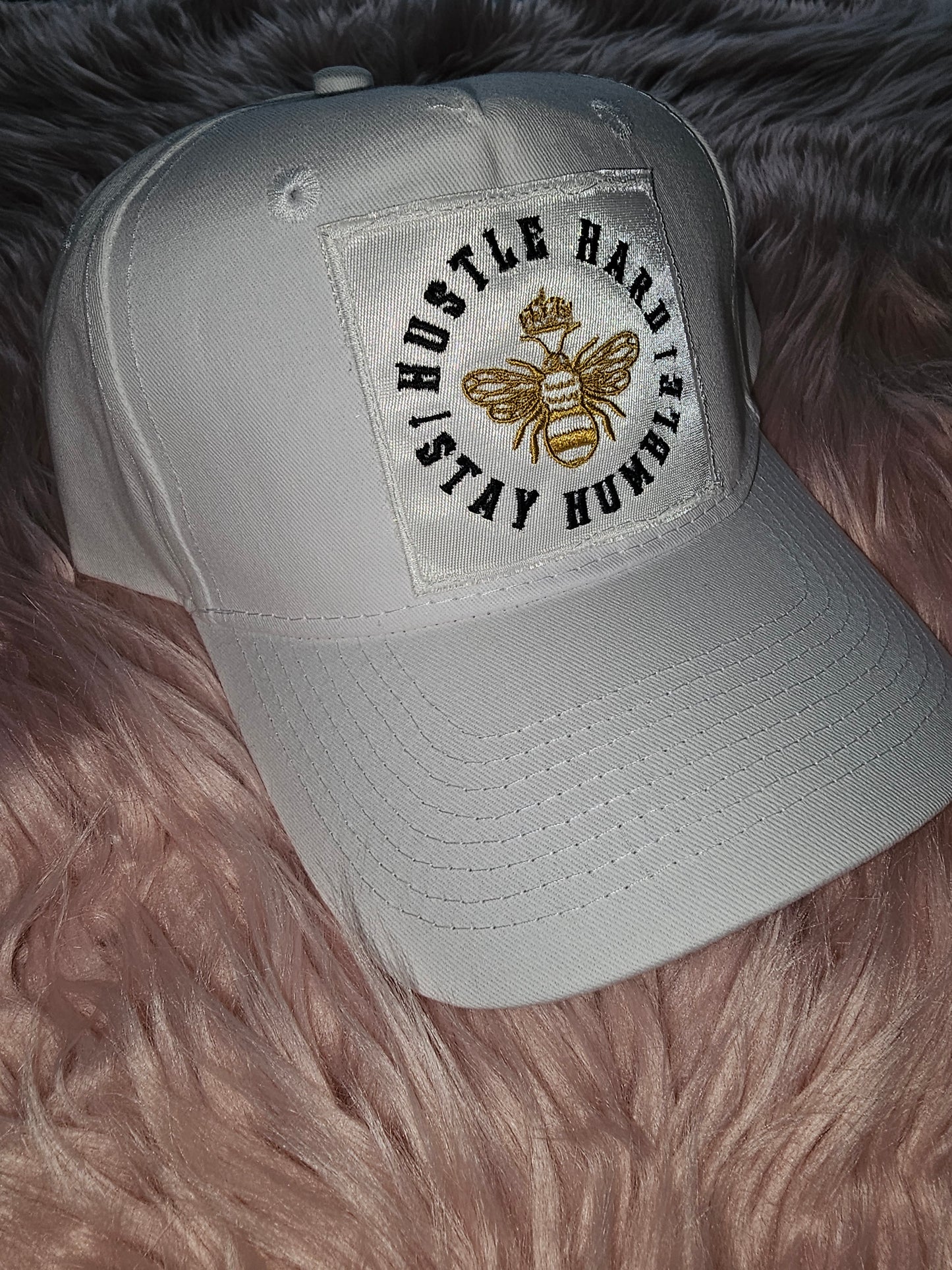 Hustle Hard Stay Humble white satin patch hat