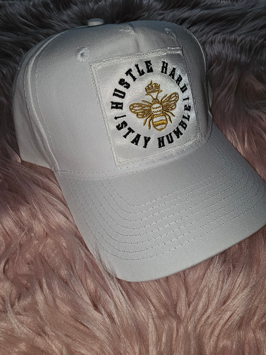 Hustle Hard Stay Humble white satin patch hat